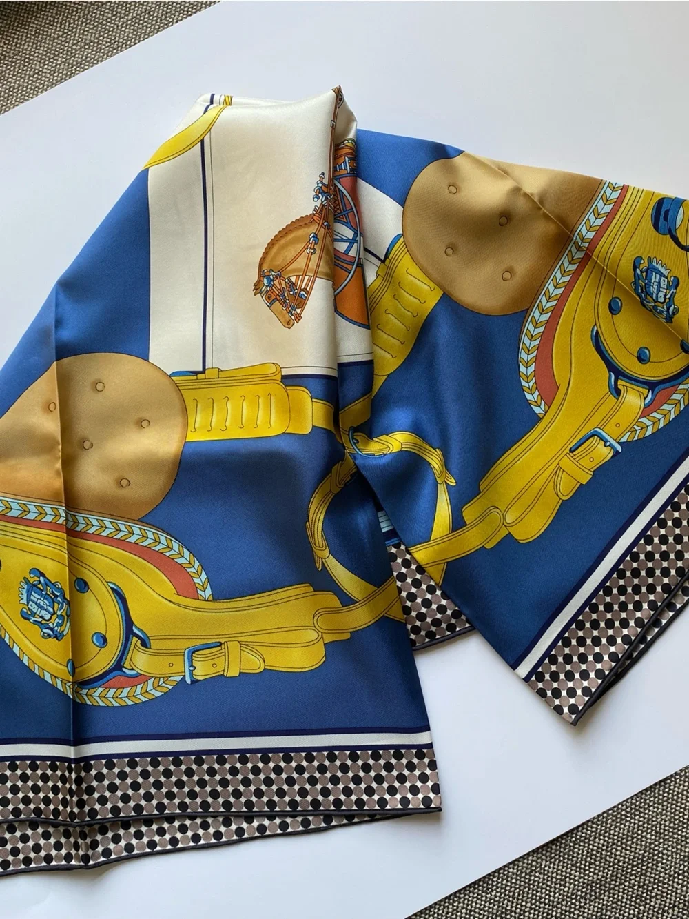 NEW Carolina Lemke Blue Print Silk Equestrian Motif Scarf